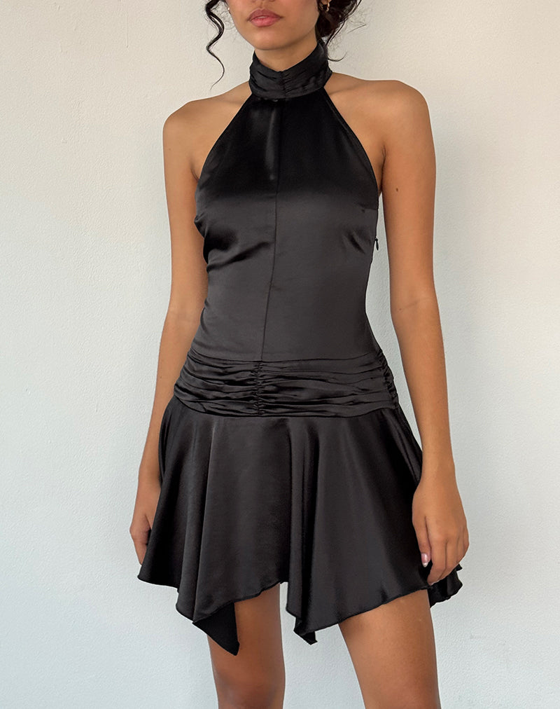 Image of Hydri Satin Halterneck Mini Dress in Black