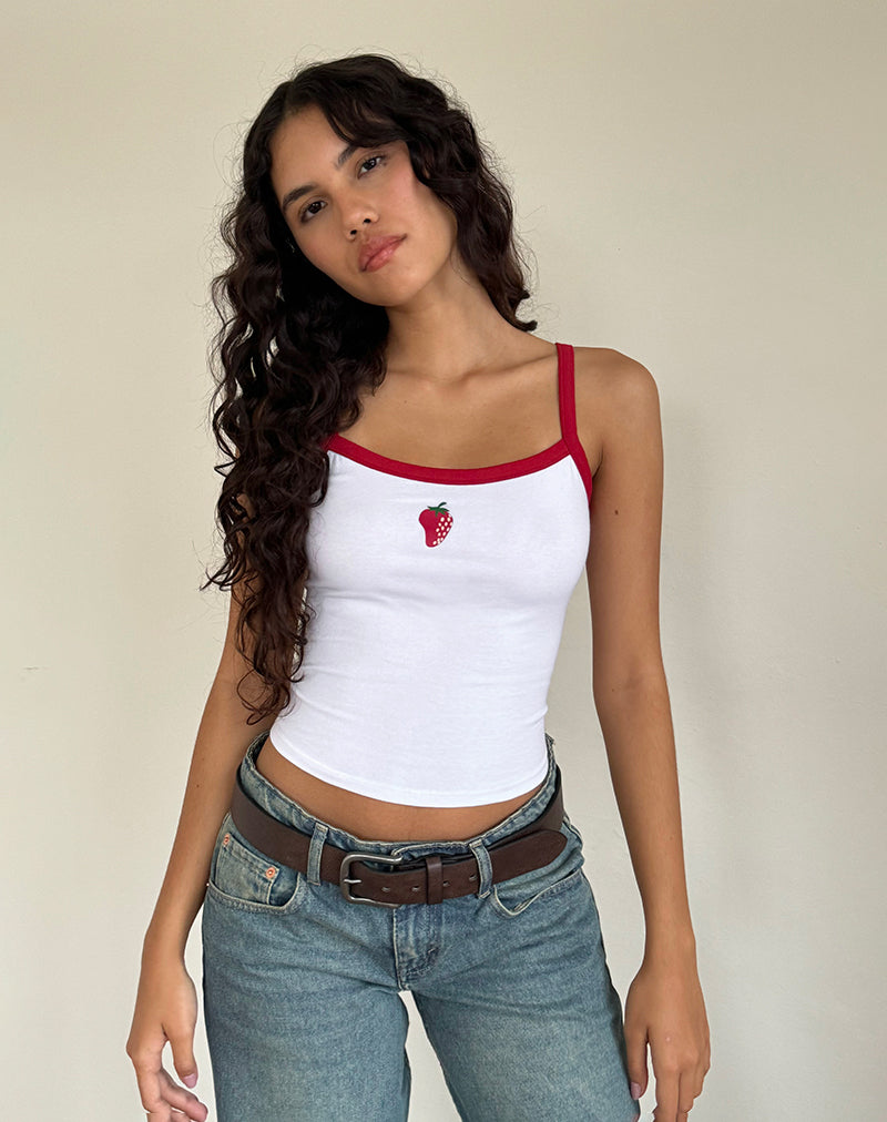 Image of Icah Vest Top in White with Red Binding and Strawberry