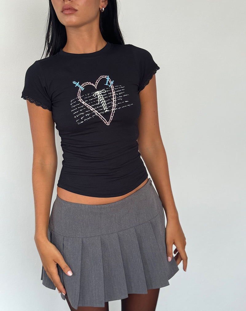 Imagen de Izzy Lace Trim Tee in Black Lace Up Heart Motif