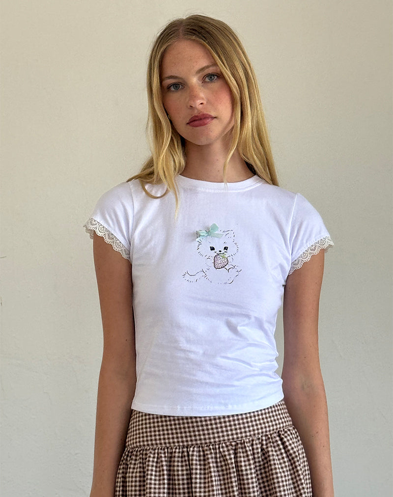 Image of Izzy Tee in White with Strawberry Cat Print