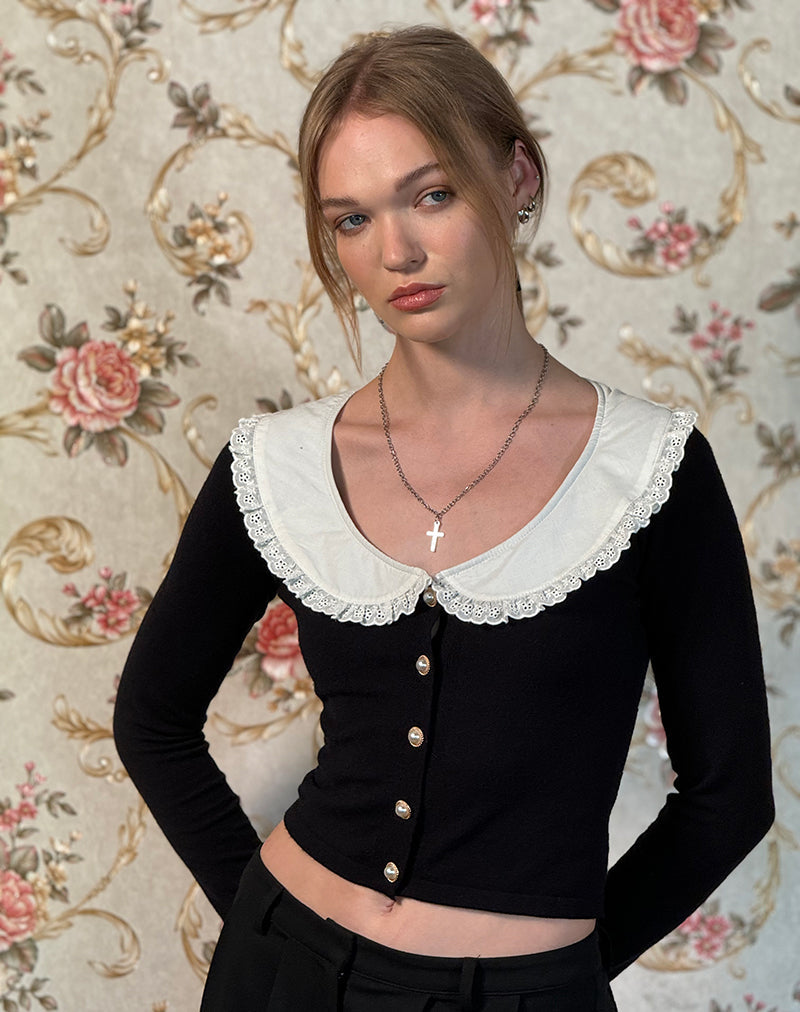 Image of Jodine Knitted Cardigan in Black with White Frill