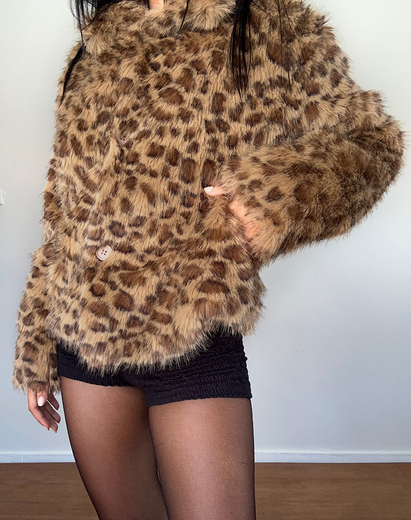 Imagen de Joji Crop Faux Fur Jacket in Brown Leopard