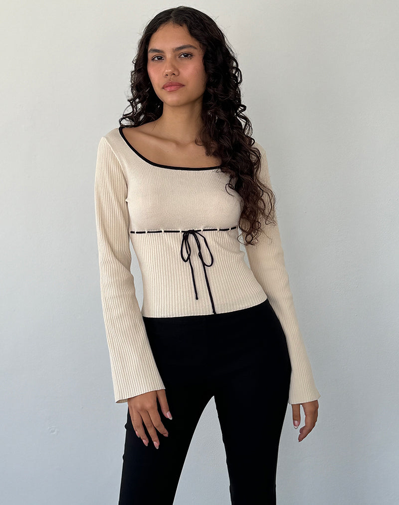 Image of Juhye Knitted Long Sleeve Top in Beige with Black Binding