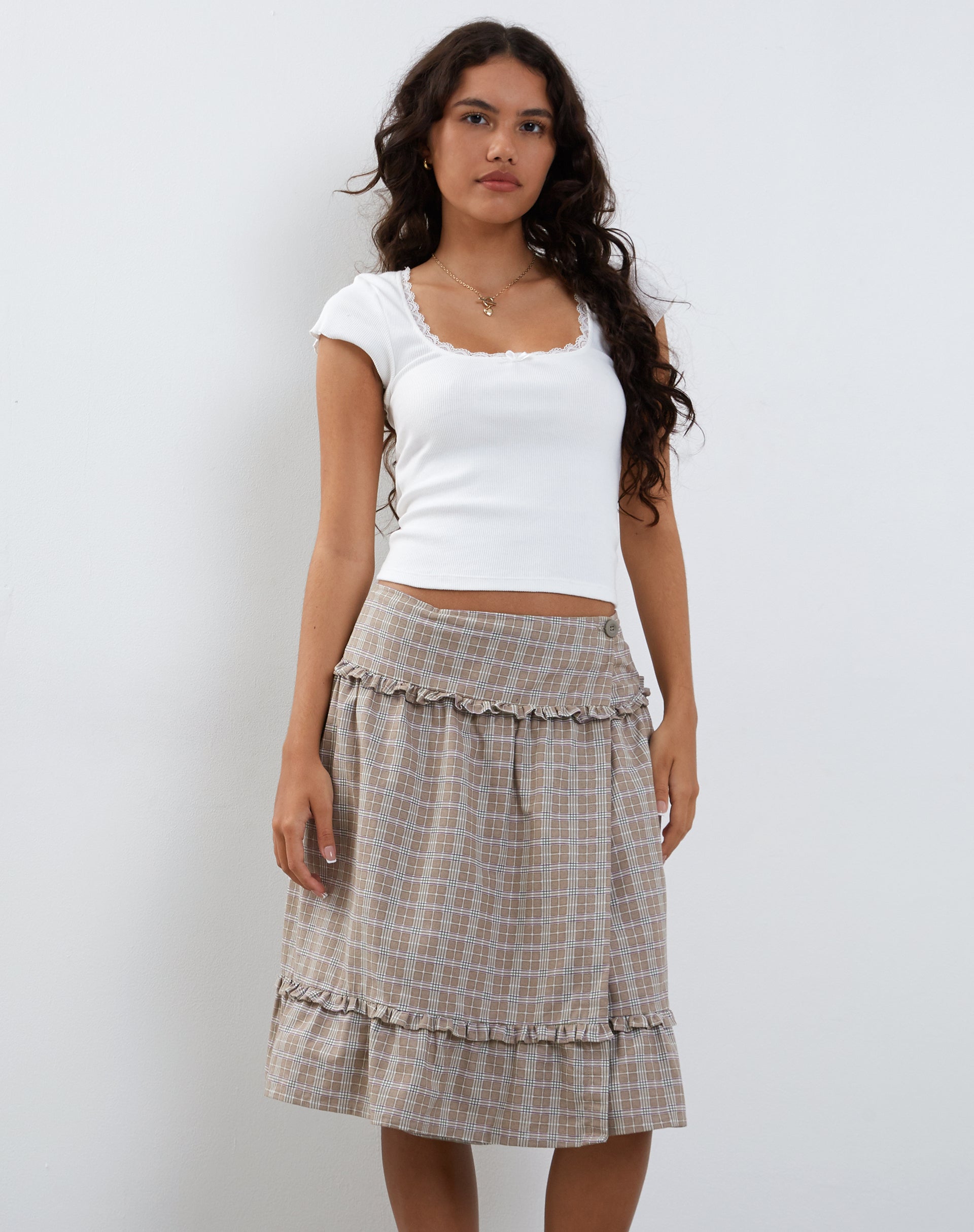 Imagen de Kasya Frill Hem Wrap Midi Skirt in Taupe Check