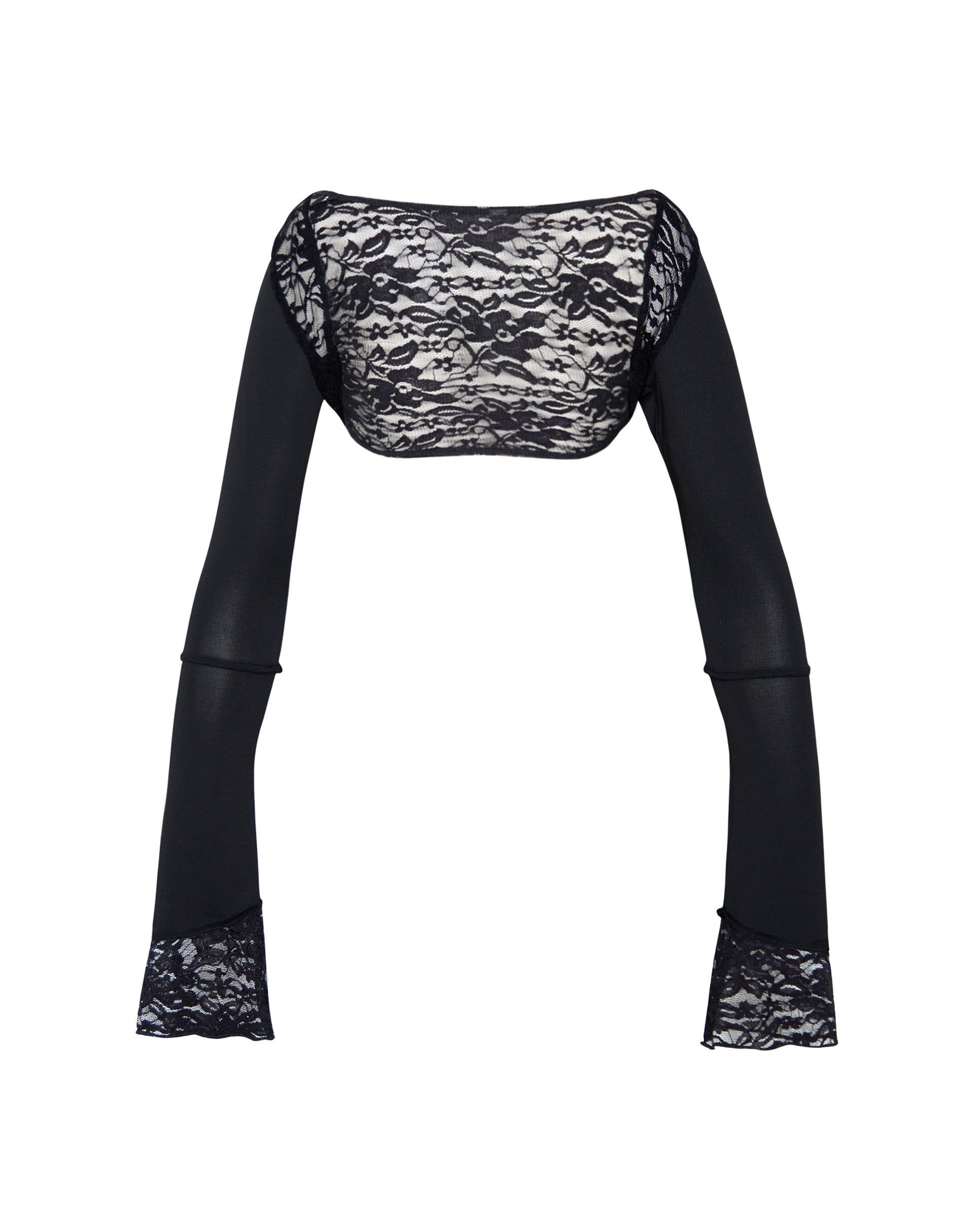 Imagen de Lenny Lace Shrug Top en Slinky Negro con ribete de encaje blanco