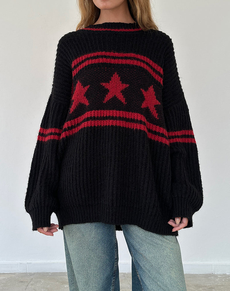 Imagen de Lulees Oversized Jumper in Black with Red Star and Stripes