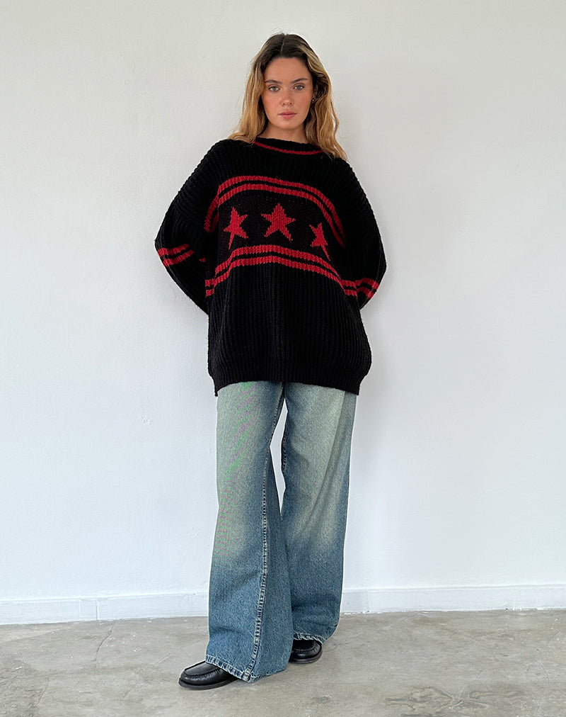 Imagen de Lulees Oversized Jumper in Black with Red Star and Stripes