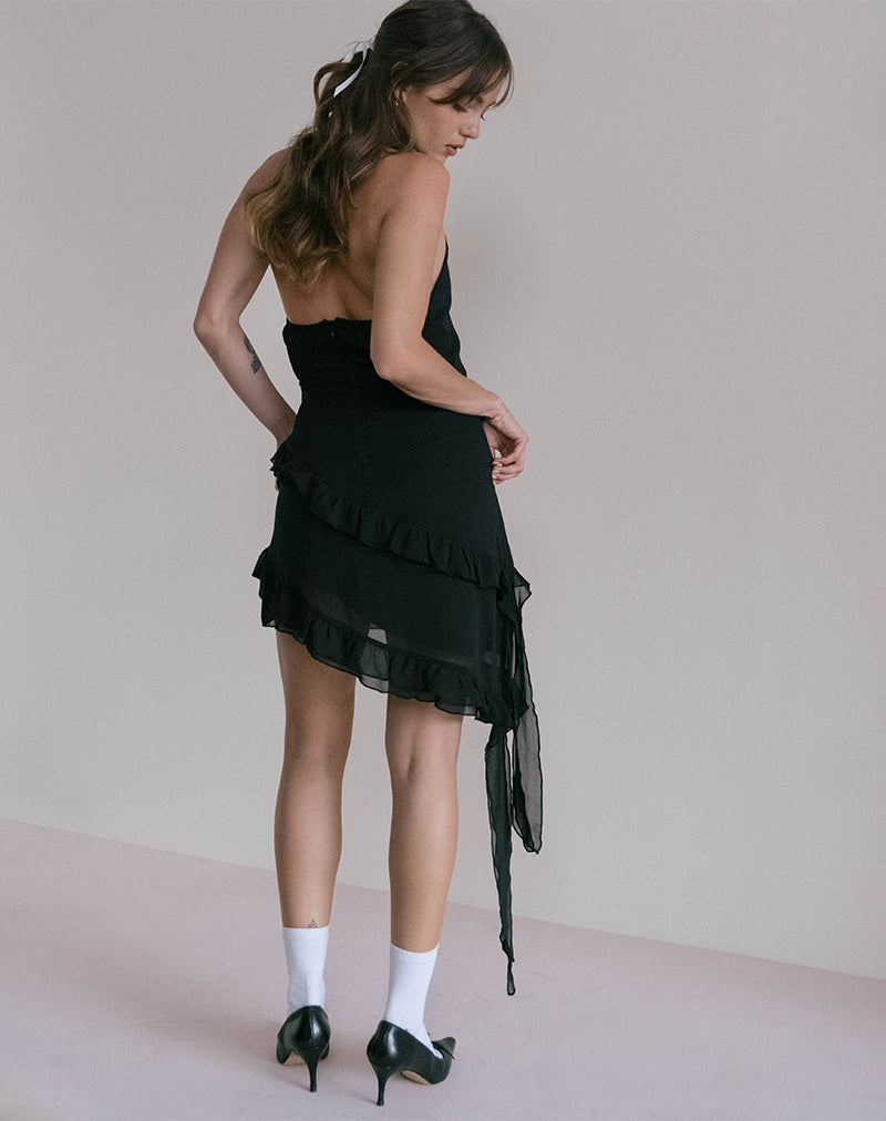 Imagen de Margaret Ruffle Mini Dress in Black Chiffon with Rosette