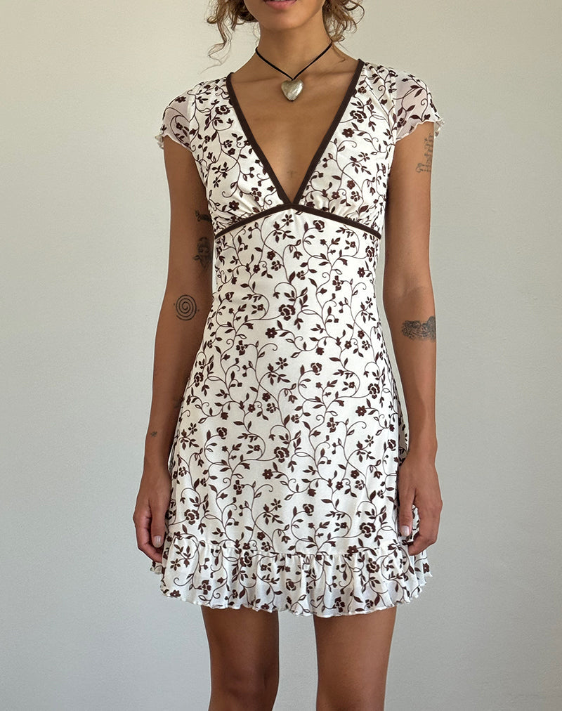 Melva Mini Dress in Brown Stem Flower Flock