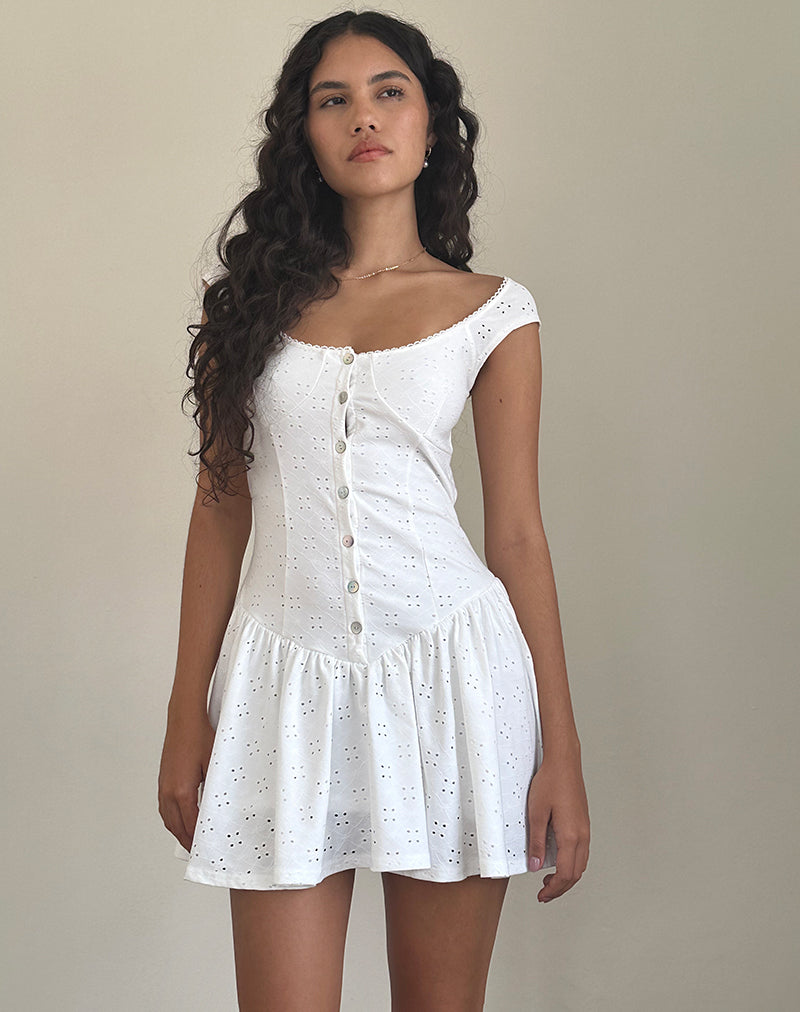 Image of Misty Mini Tea Dress in Broderie White