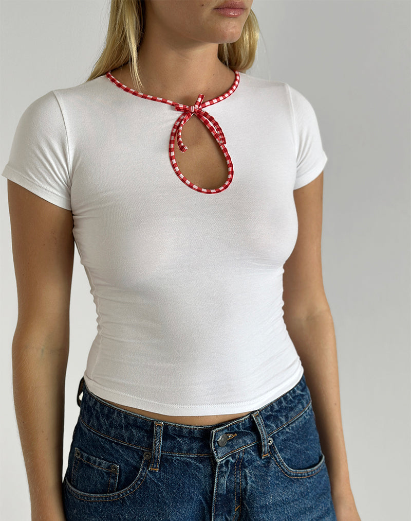 Image of Monsel Tie Front Top in White with Red Gingham Binding