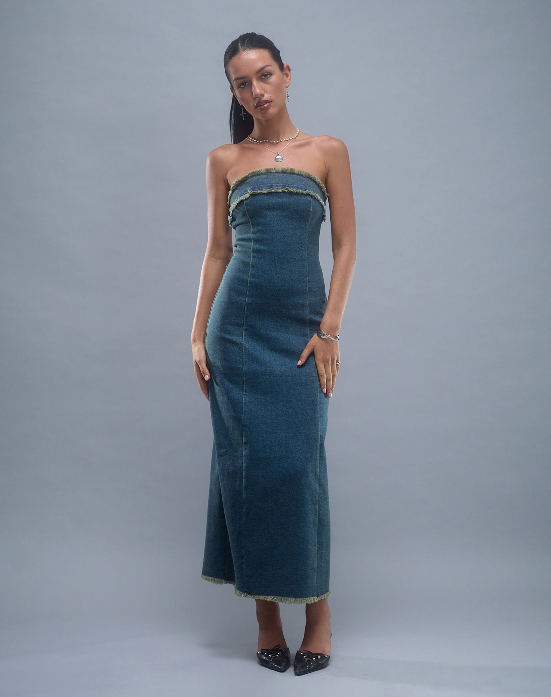 Imagen de Atun Denim Bandeau Maxi Dress in Brown Blue Acid Wash
