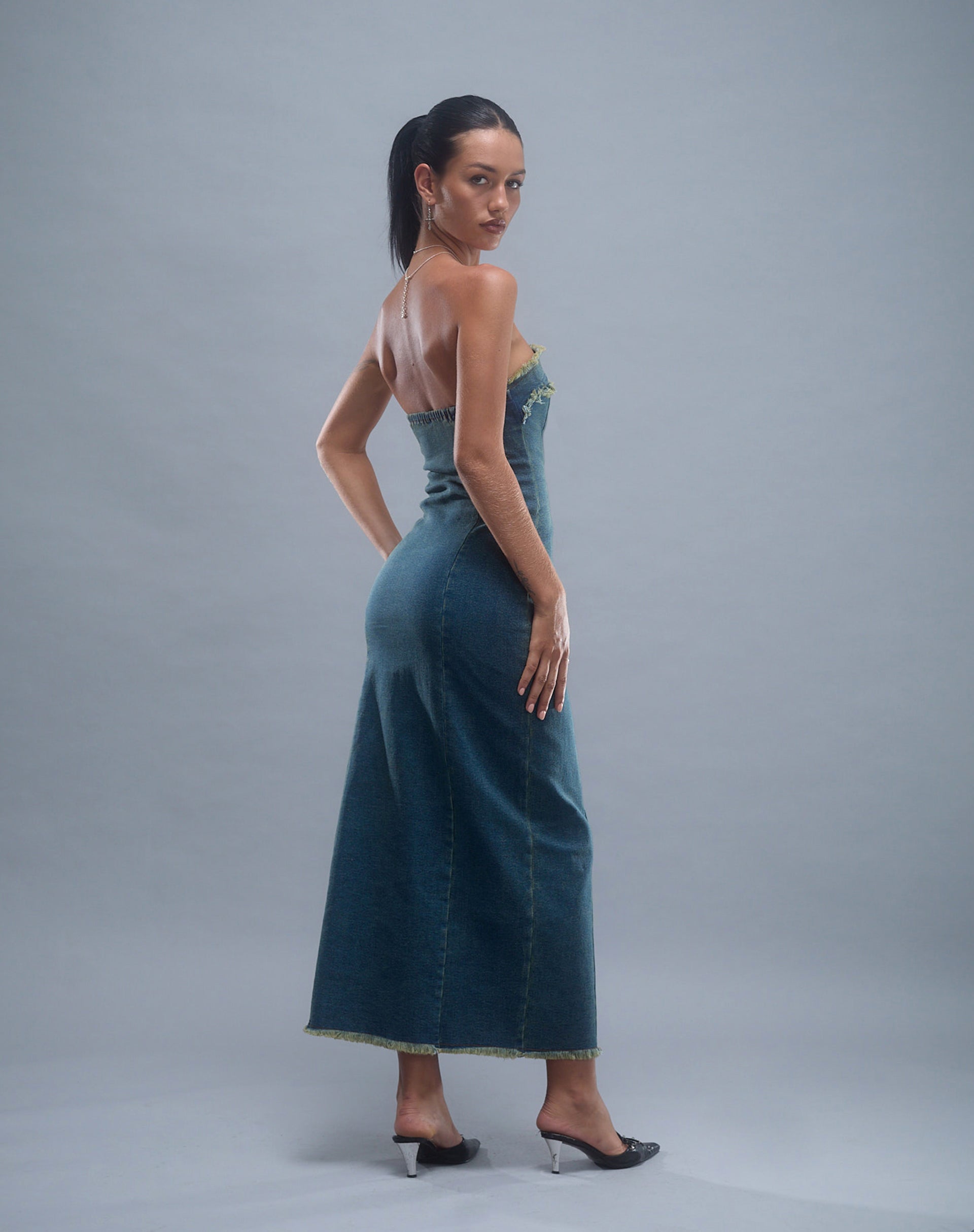 Imagen de Atun Denim Bandeau Maxi Dress in Brown Blue Acid Wash