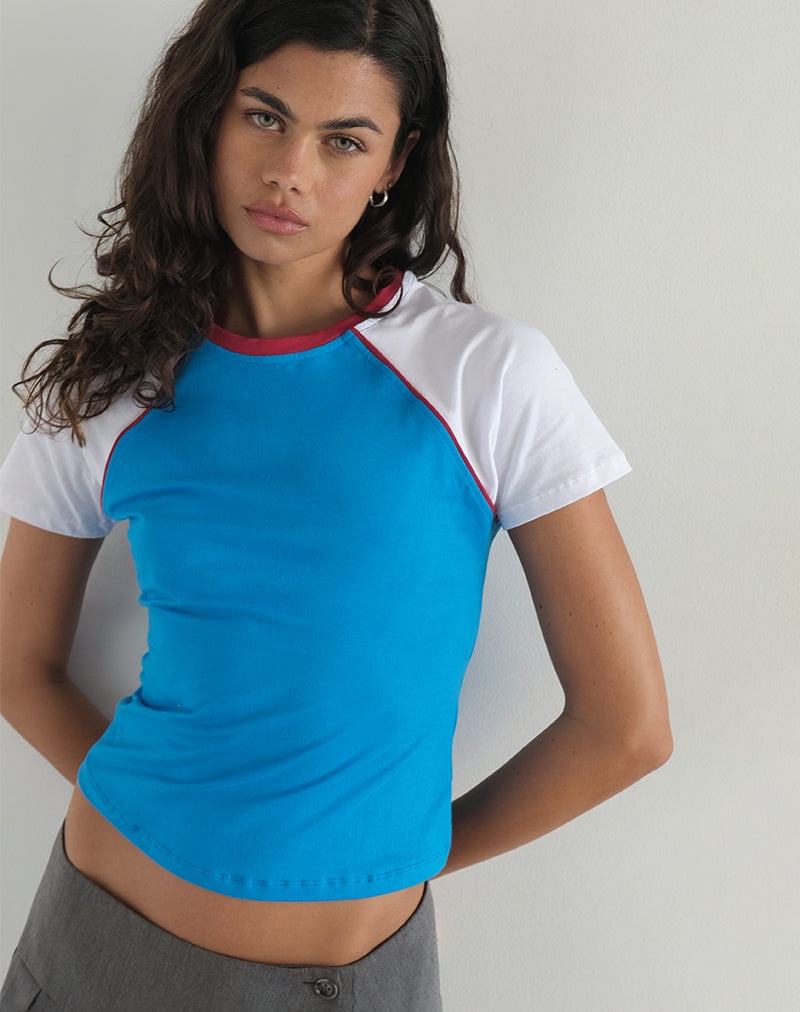 Image of Nagita Racer Top in Aqua Blue with Red Binding