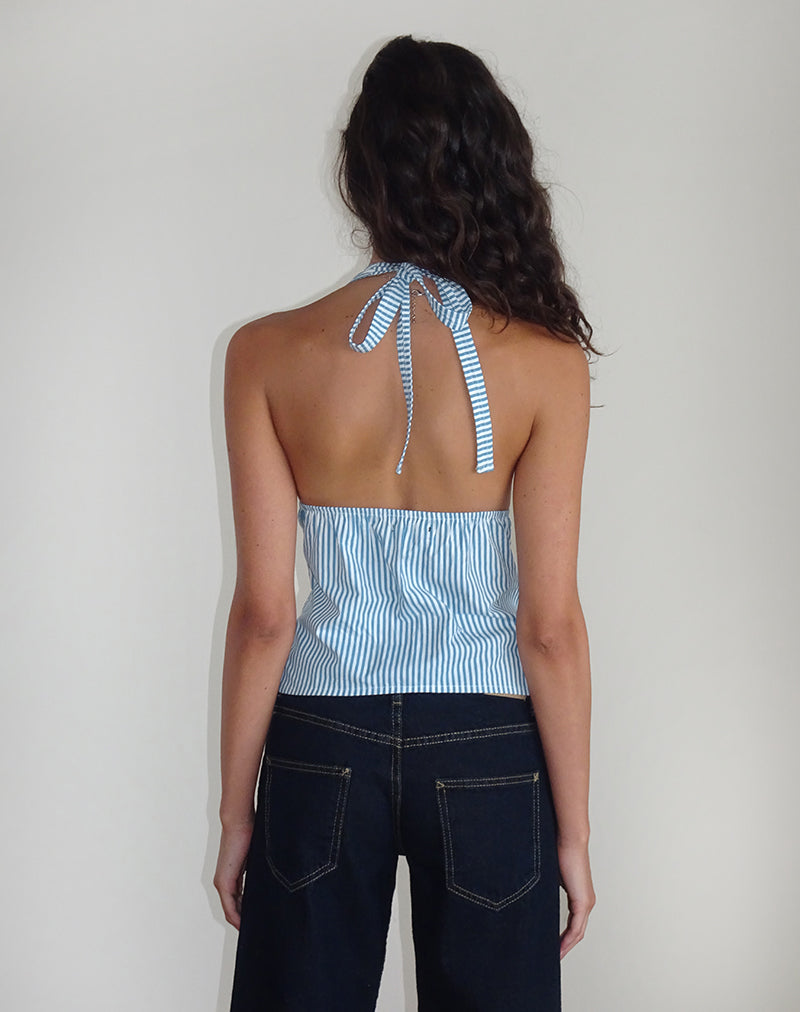 Image of Nandu Top in Poplin Blue Small Vertical Stripe