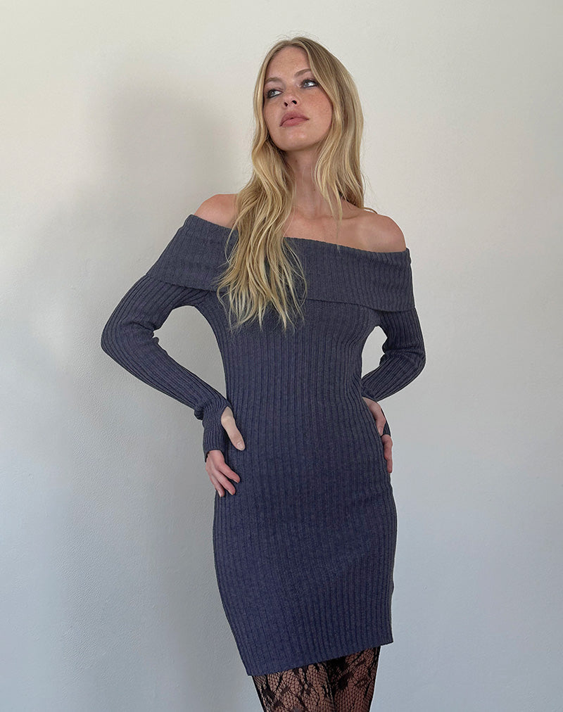 Imagen de Queeva Minivestido Bardot de punto en gris oscuro