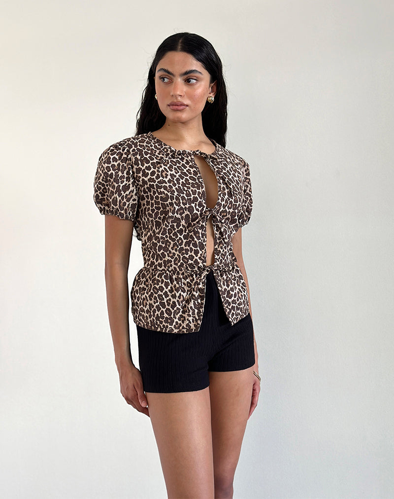 Ryota Tie Front Blouse in Leopard Sandstorm