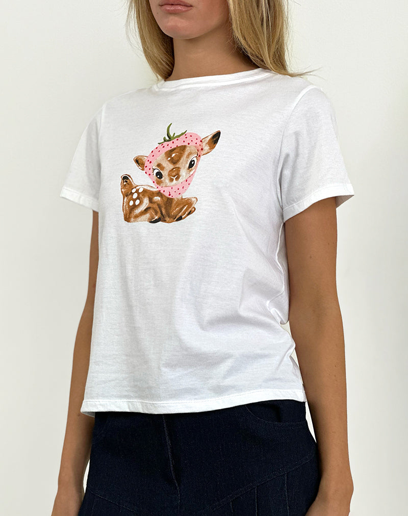 Image of Saki Tee in White with Baby Deer Print