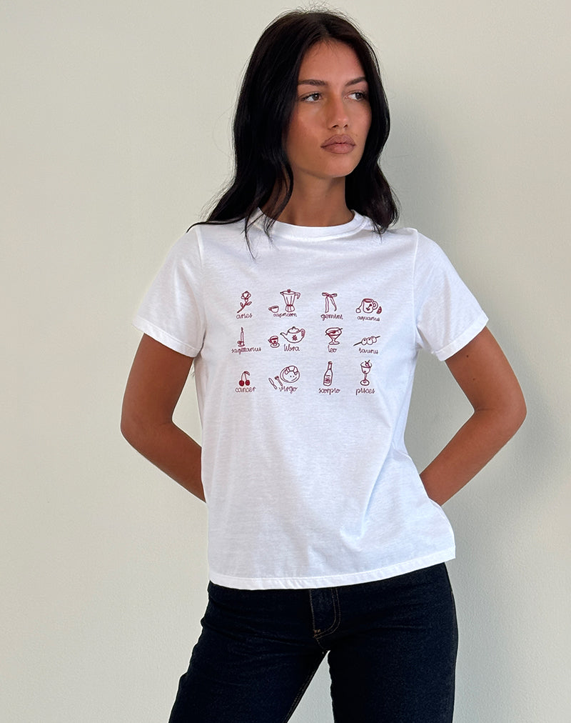 Saki Tee in White with Red Star Signs Print