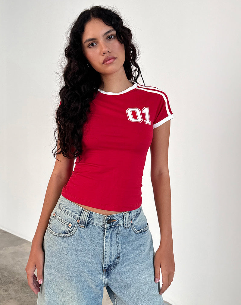 Image of Salda Tee in Tango Red with Off White Binding