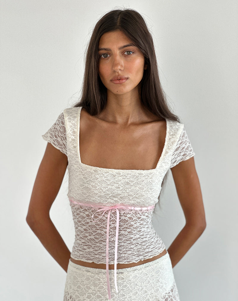 Image of Sherine Lace Top in Cream with Pink Binding