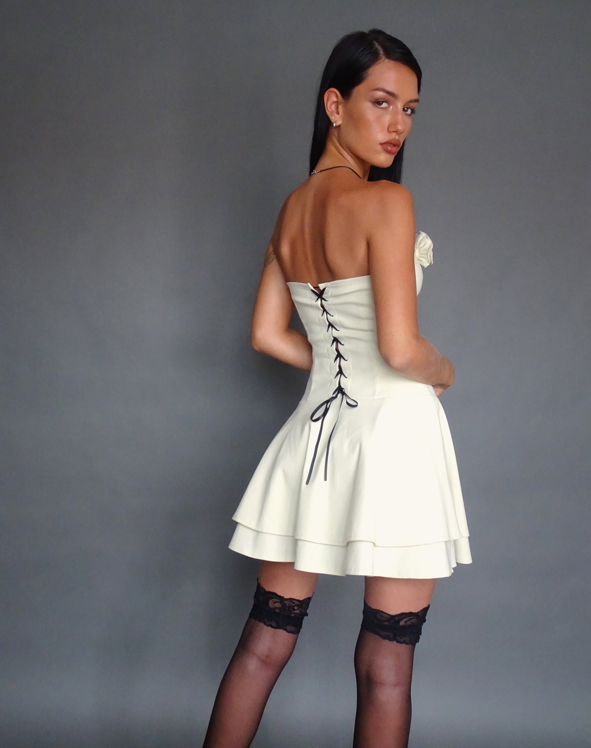 Imagen de Striata Mini Dress in Cream with Rosette