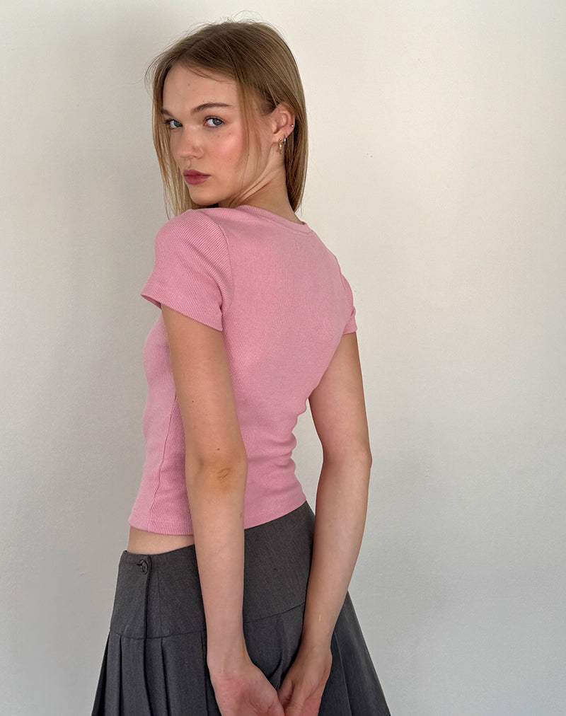 Imagen de Suti Ribbed Tee in Flamingo Pink with White Bow Embroidery