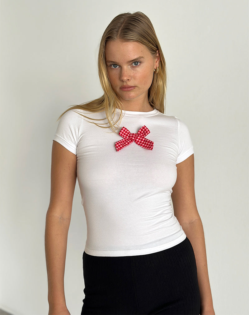 Image of Sutin Tee in White with Red Gingham Bow