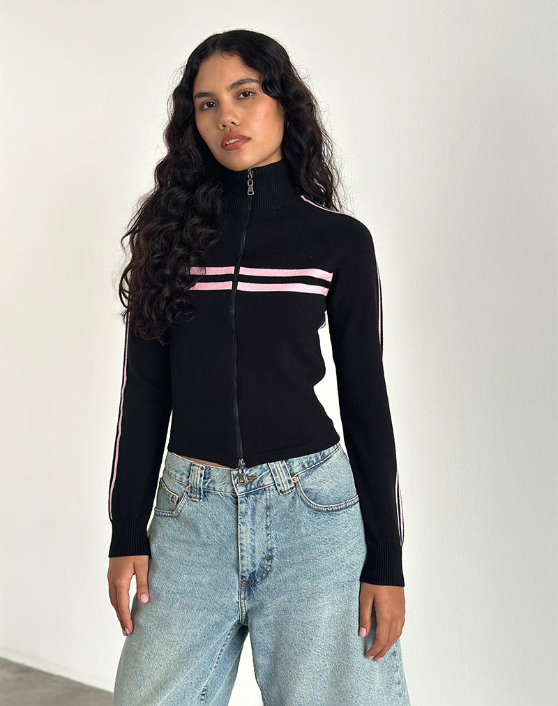 Image of Talisa Zip Through Jacket in Black with Pink Stripe