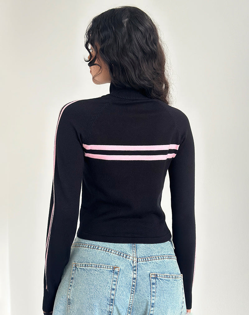 Image of Talisa Zip Through Jacket in Black with Pink Stripe