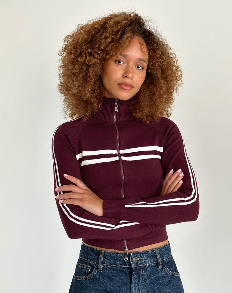 Image of Talisa Zip Through Jacket in Maroon with White Stripe