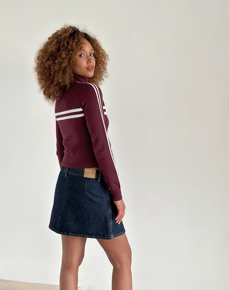 Image of Talisa Zip Through Jacket in Maroon with White Stripe