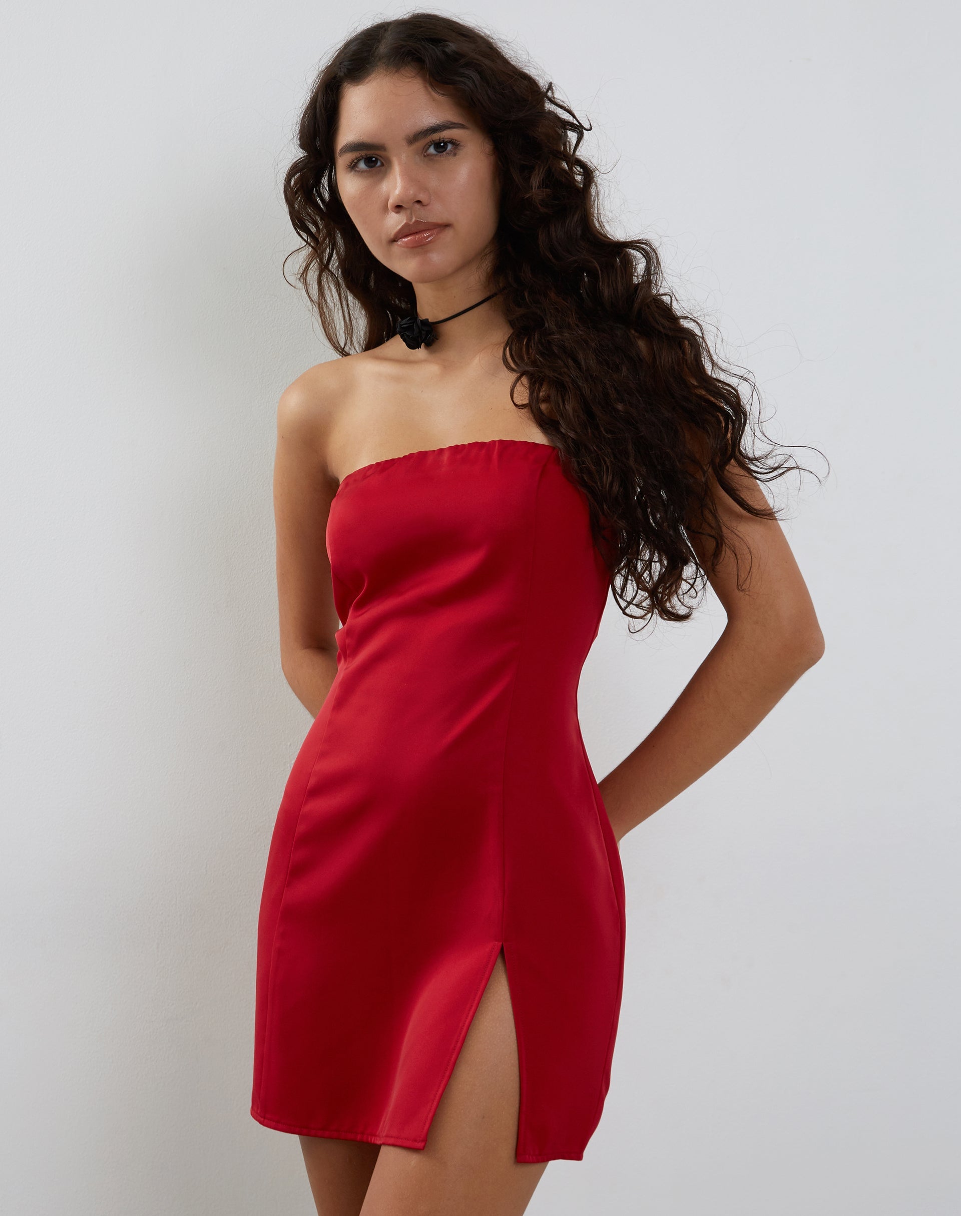 Imagen de Tannesa Bandeau Mini Dress in Deep Red Satin