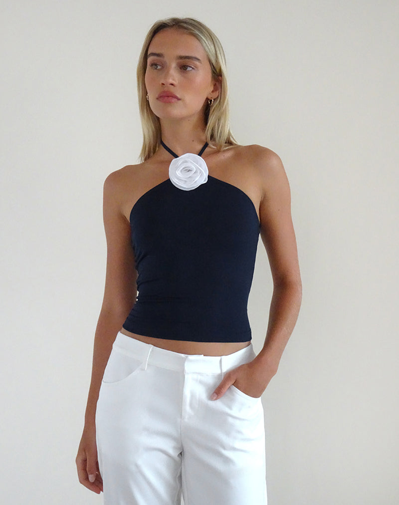 Tarrina Halterneck Top in Dark Navy with White Rosette