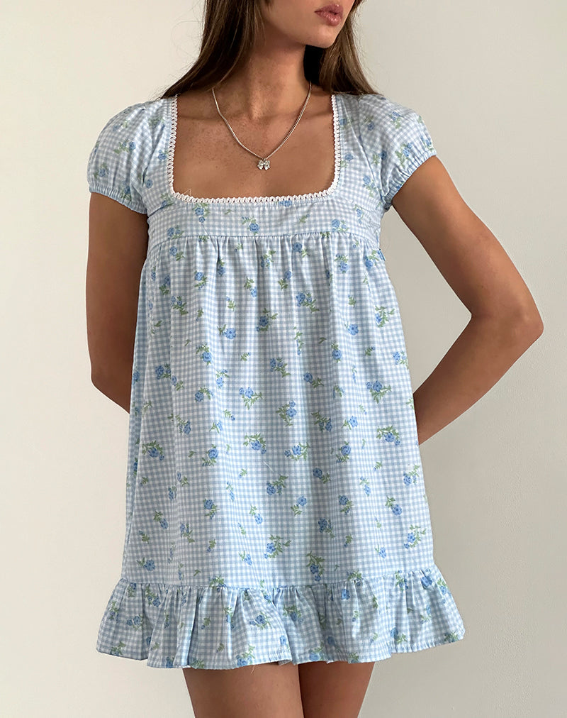 Trim Mini Dress in Blue Flower Gingham