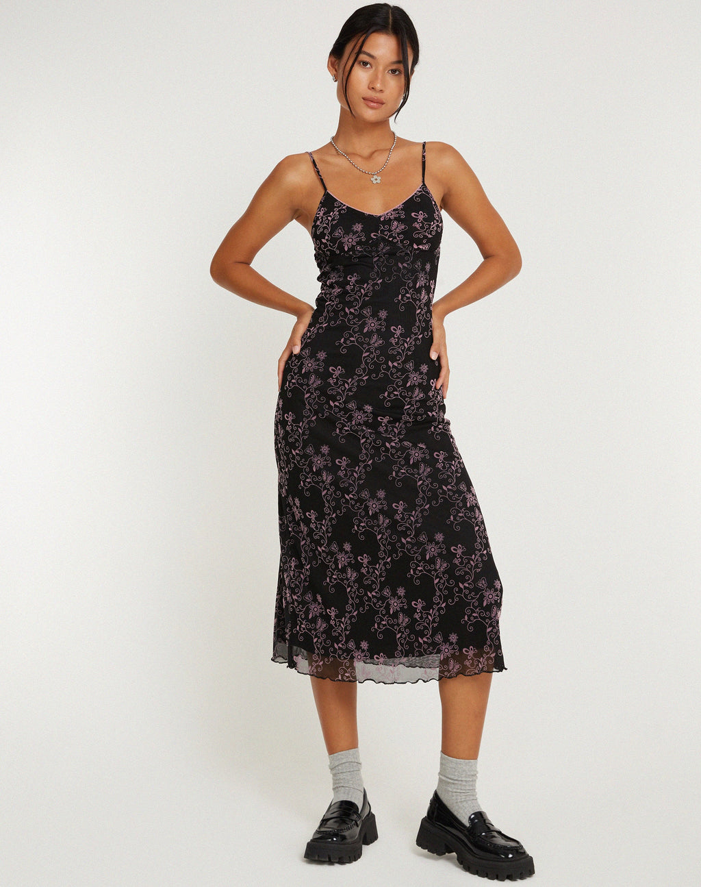 Vestido Cotina Midi en Butterfly Vine Flock Negro y Rosa