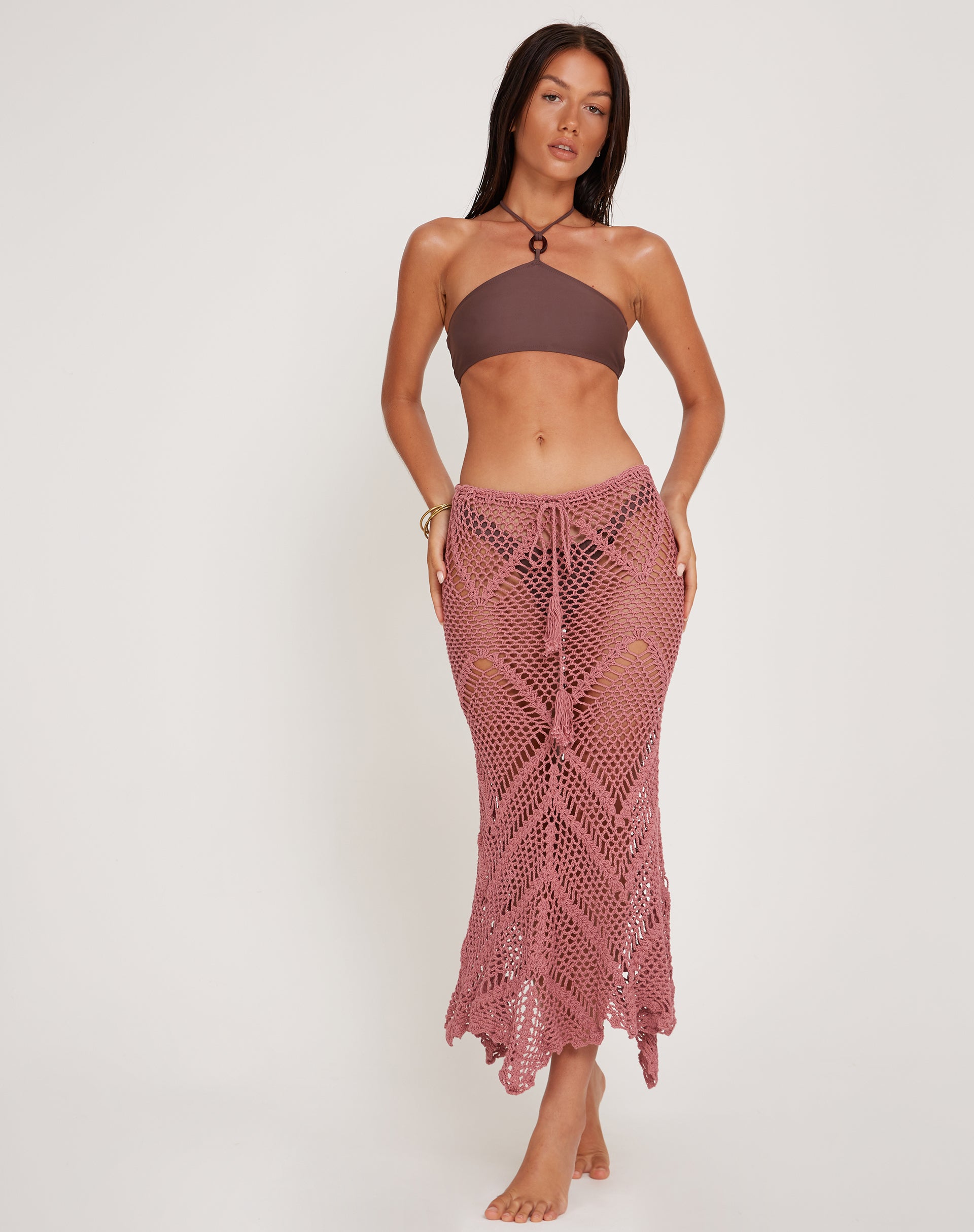 Imagen de Riyati Crochet Midi Waterfall Skirt in Mauve