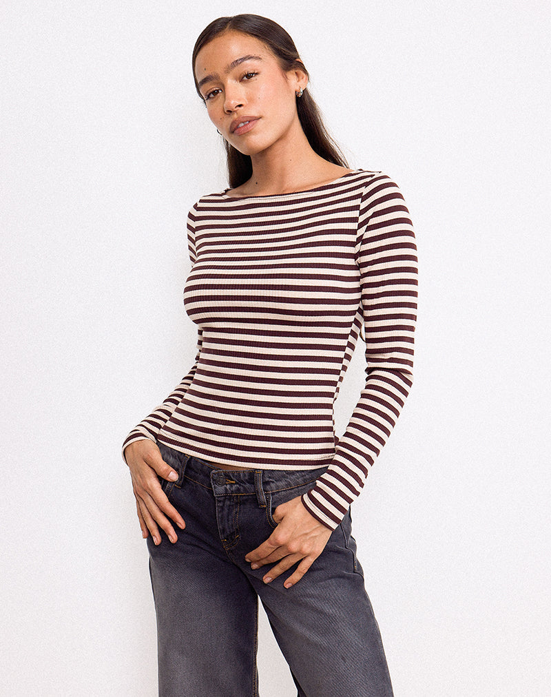 Image of Amabon Long Sleeve Top in Tonal Brown Stripe