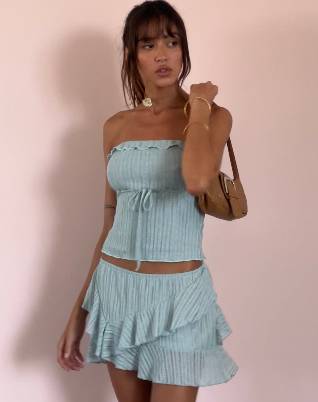 Anis Ruffle Hem Mini Skirt in Powder Blue