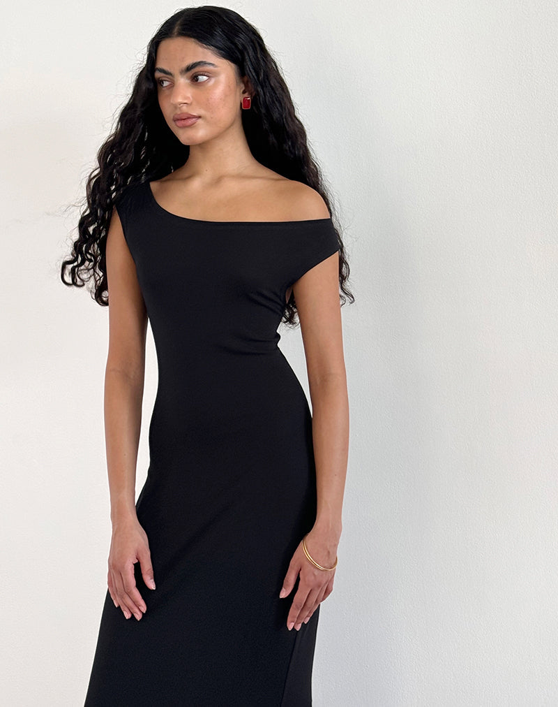 image of Ardita Asymmetrical Rib Knit Maxi Dress in Black