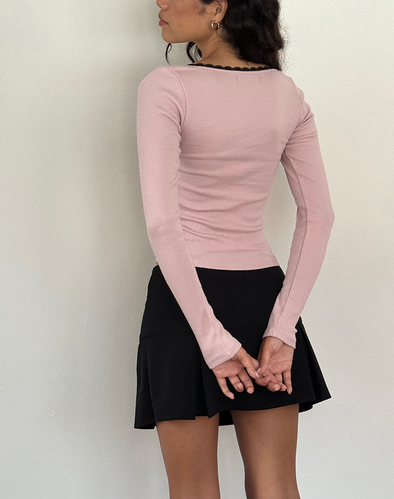 Image de Bovita Long Sleeve Ribbed Top in Pink Lady with Black Lace