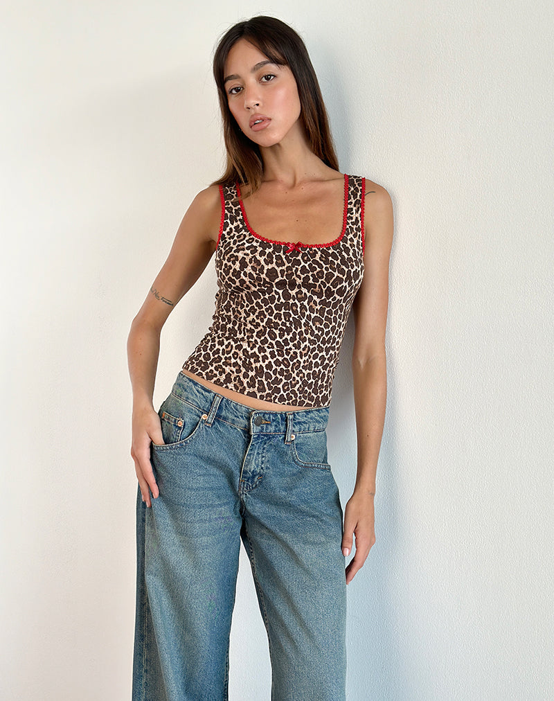 Carillo Vest Top in Rar Leopard Sandstorm with Red Trim