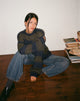 Image of Daren Knitted Oversized Jumper in Khaki and Navy Blue Stripe (Pull surdimensionné en tricot à rayures kaki et bleu marine)