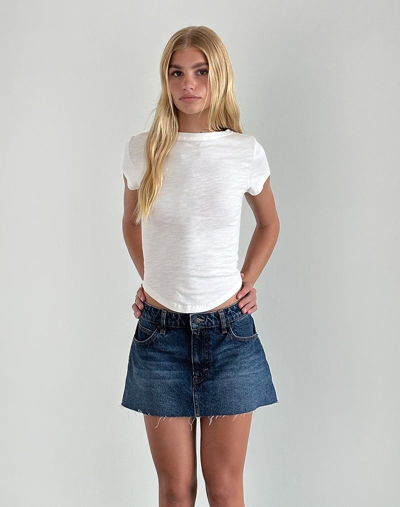 Image of Raw Hem Denim Mini Skirt in Mid Blue Used