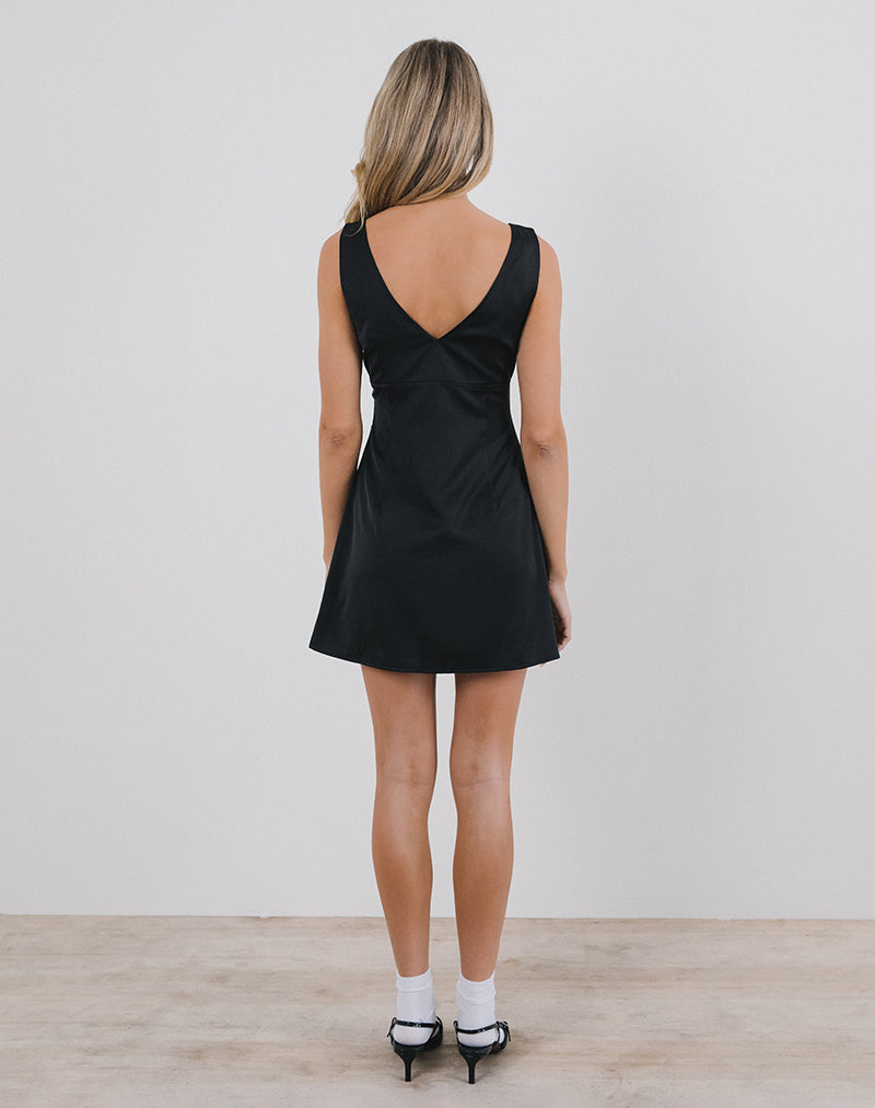 Image of Faradiba Mini Dress in Satin Black with Ivory Bow