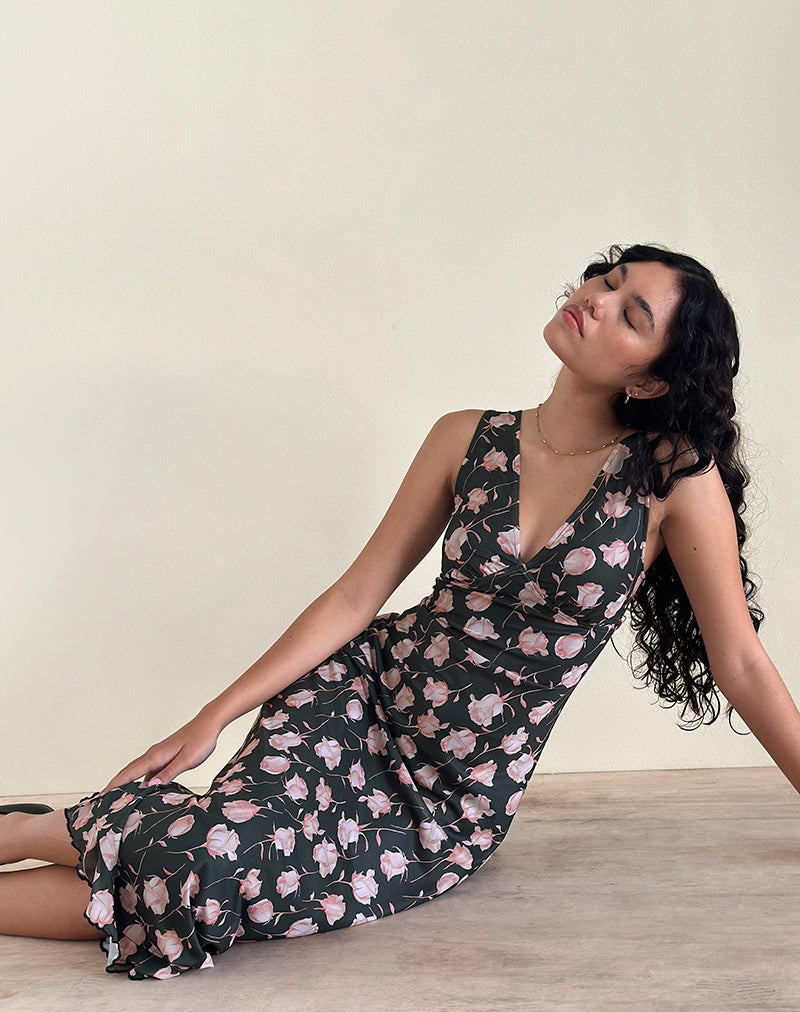 Image of Gabriela Midi Dress in Falling Rose Jet Black