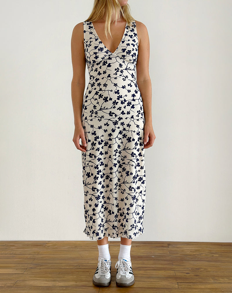 image of Gabriela Midi Dress in Grunge Floral Flock Cream