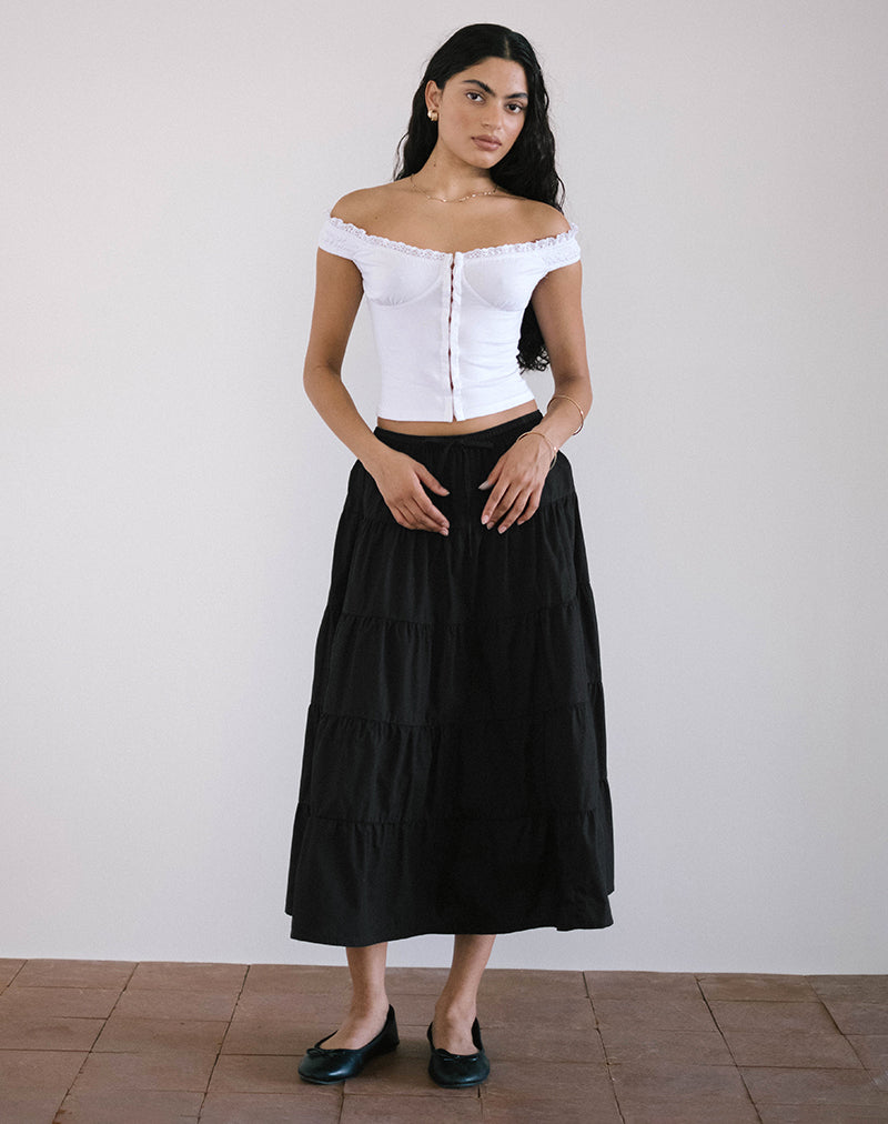 image of Izumi Tiered Midi Skirt in Poplin Black