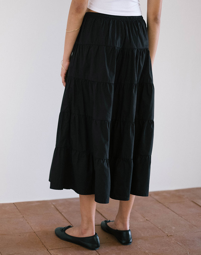image of Izumi Tiered Midi Skirt in Poplin Black