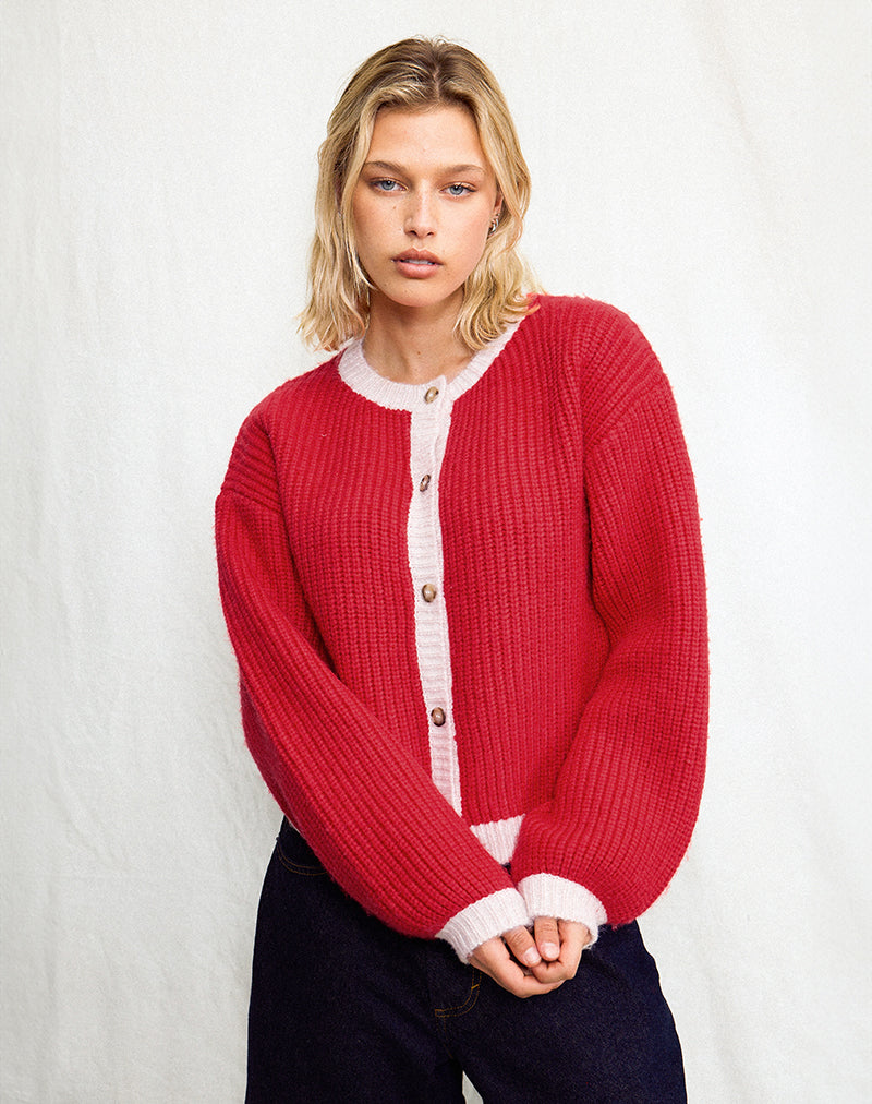 Image of Luciana Contrast Cardigan in Red and Pink